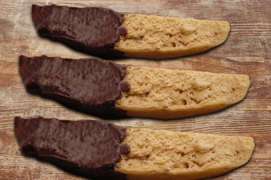 Choximadia, paximadia cookies half-dipped in melted chocolate