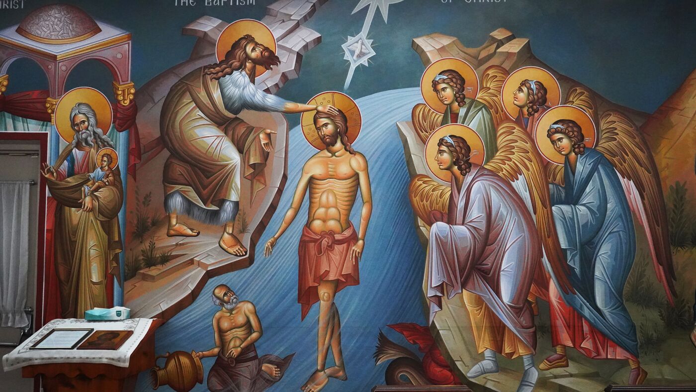 Fresco of the Baptism of Christ in the River Jordan by St. John the Forerunner, interior wall of St. Andrew Orthodox Church